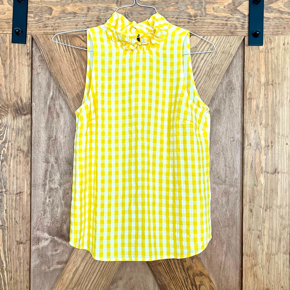 Jcrew Yellow gingham ruffle neck top
